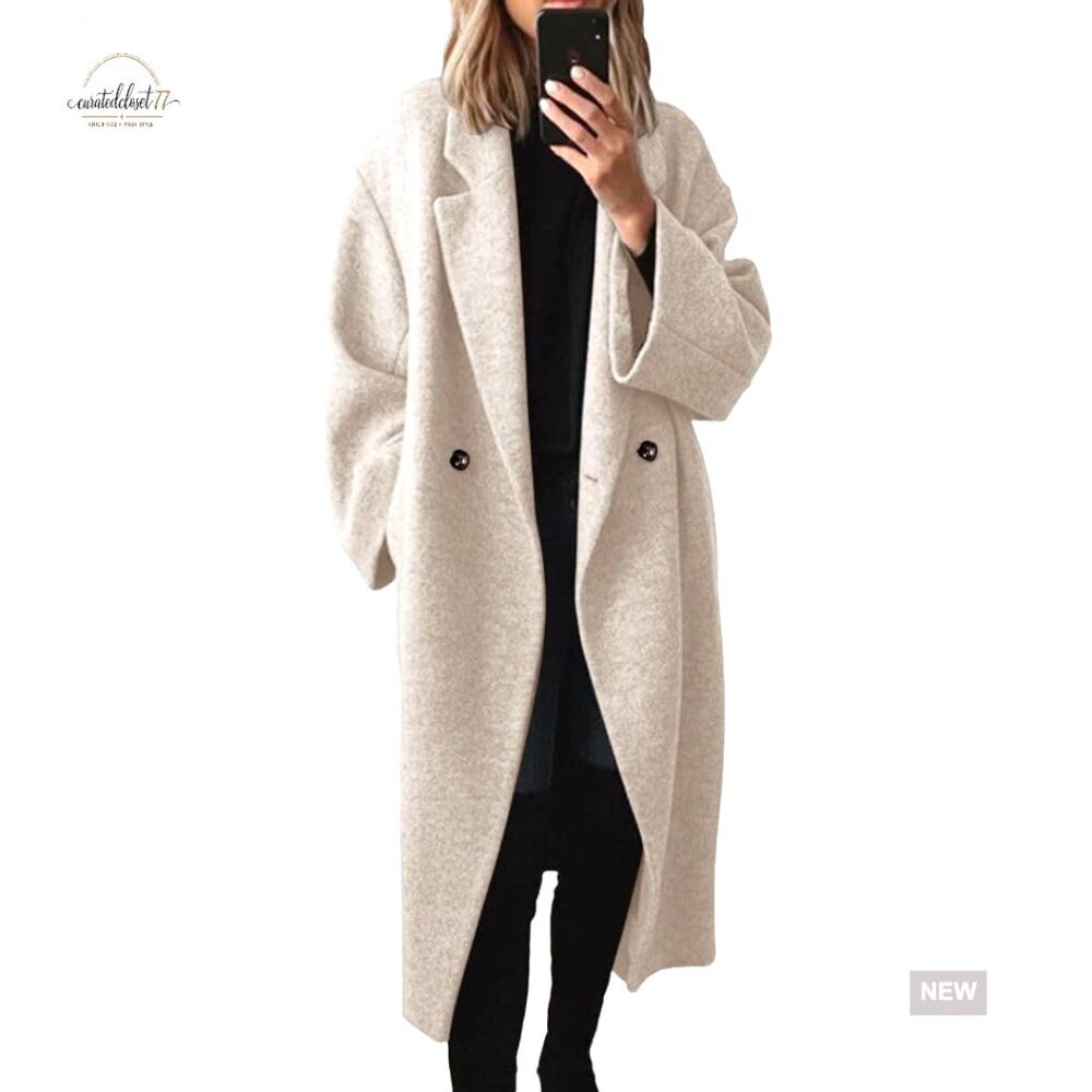 Oversized Wool Blend Pea Coat Double Breasted Notch Lapel Winter Overcoat